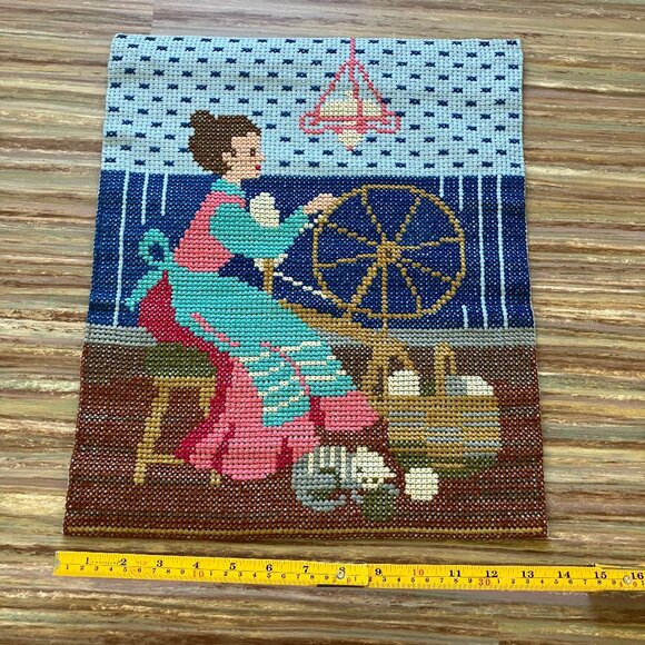 Woman at Spinning Wheel Cross Stitch Embroidery Vintage Completed Wall Hanging - Picture 4 of 4